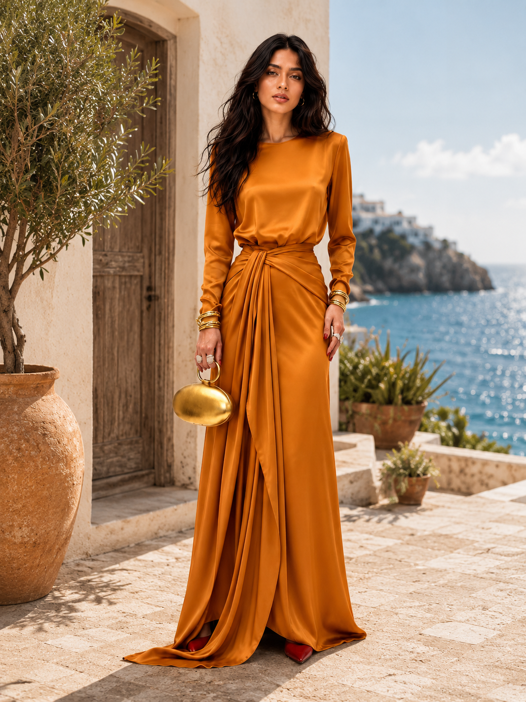 Vestido maxi de satén drapeado