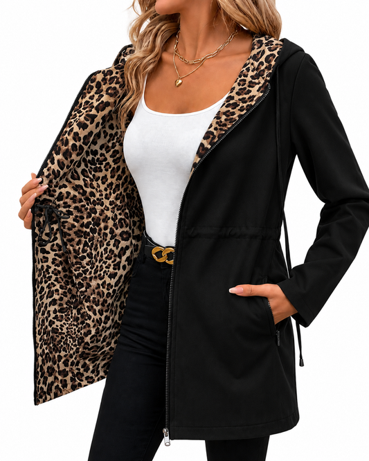 Abrigo reversible con capucha, estampado leopardo