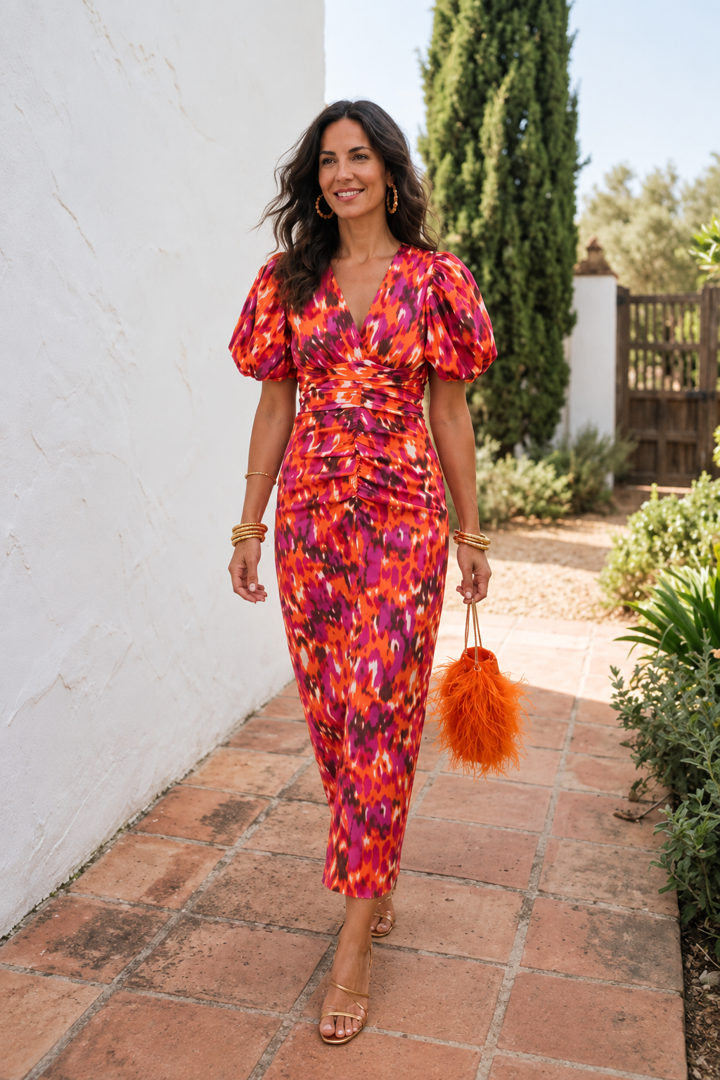 Carla | Vestido midi floral, mangas abullonadas
