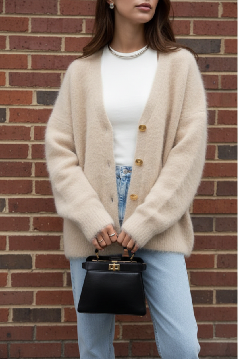Cardigan beige con modelo pared ladrillo