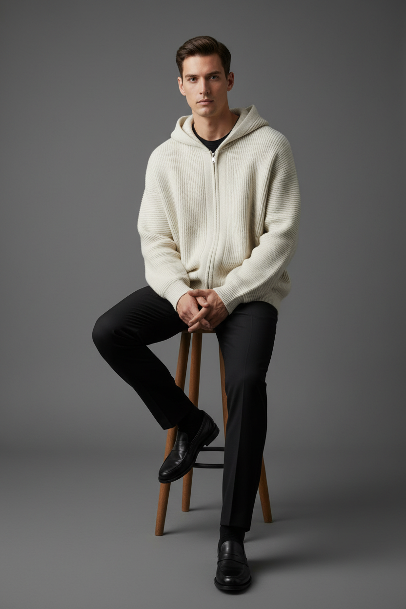 Cardigan crema pantalón negro vestir