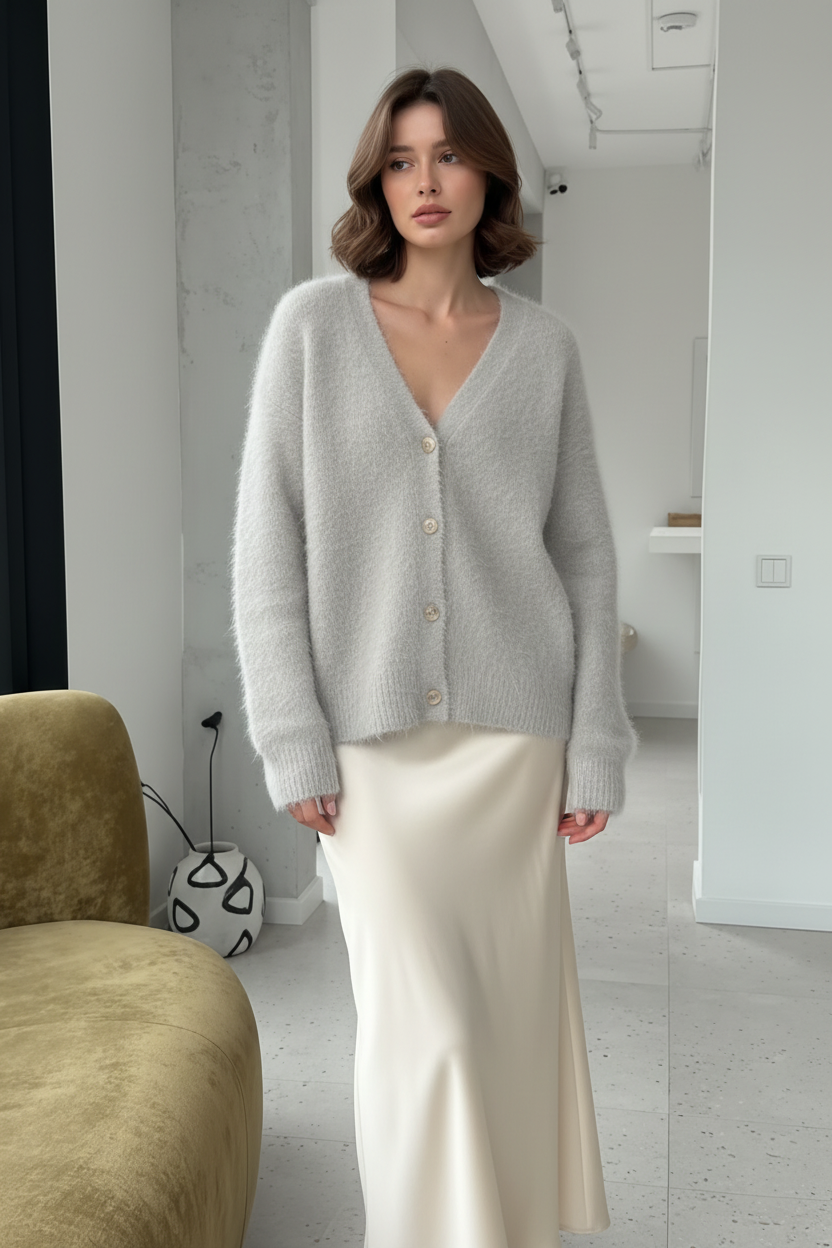 Cardigan gris con falda crema