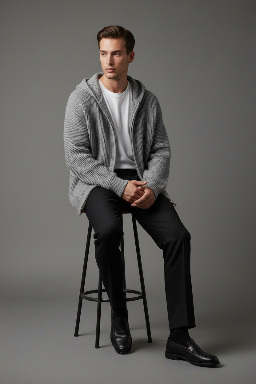 Cardigan gris pantalón negro vestir