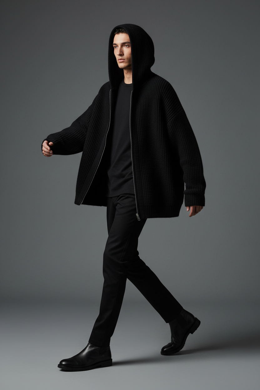 Cardigan negro en movimiento