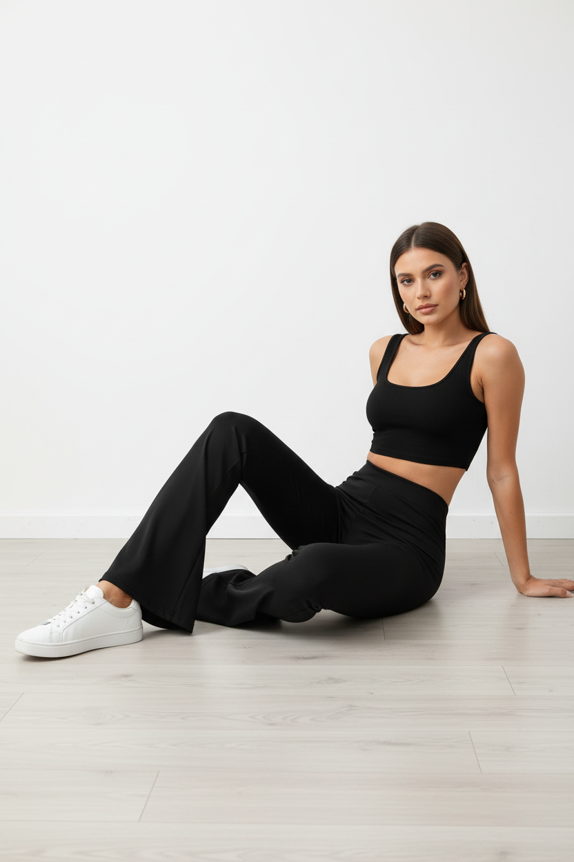 Flare pants sitting pose