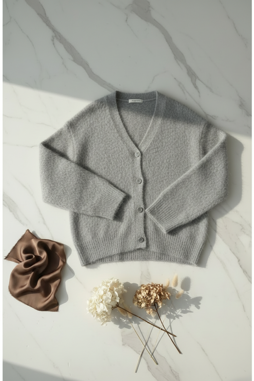 Flat lay cardigan gris mármol