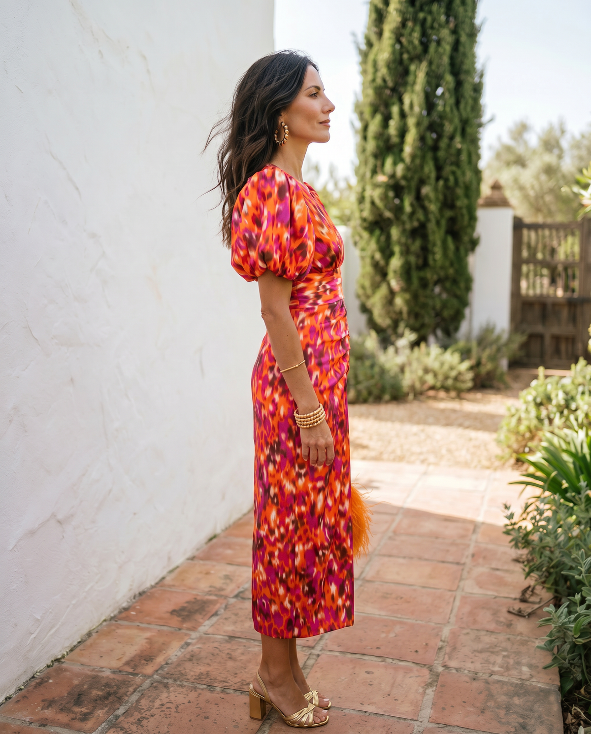 Carla | Vestido midi floral, mangas abullonadas