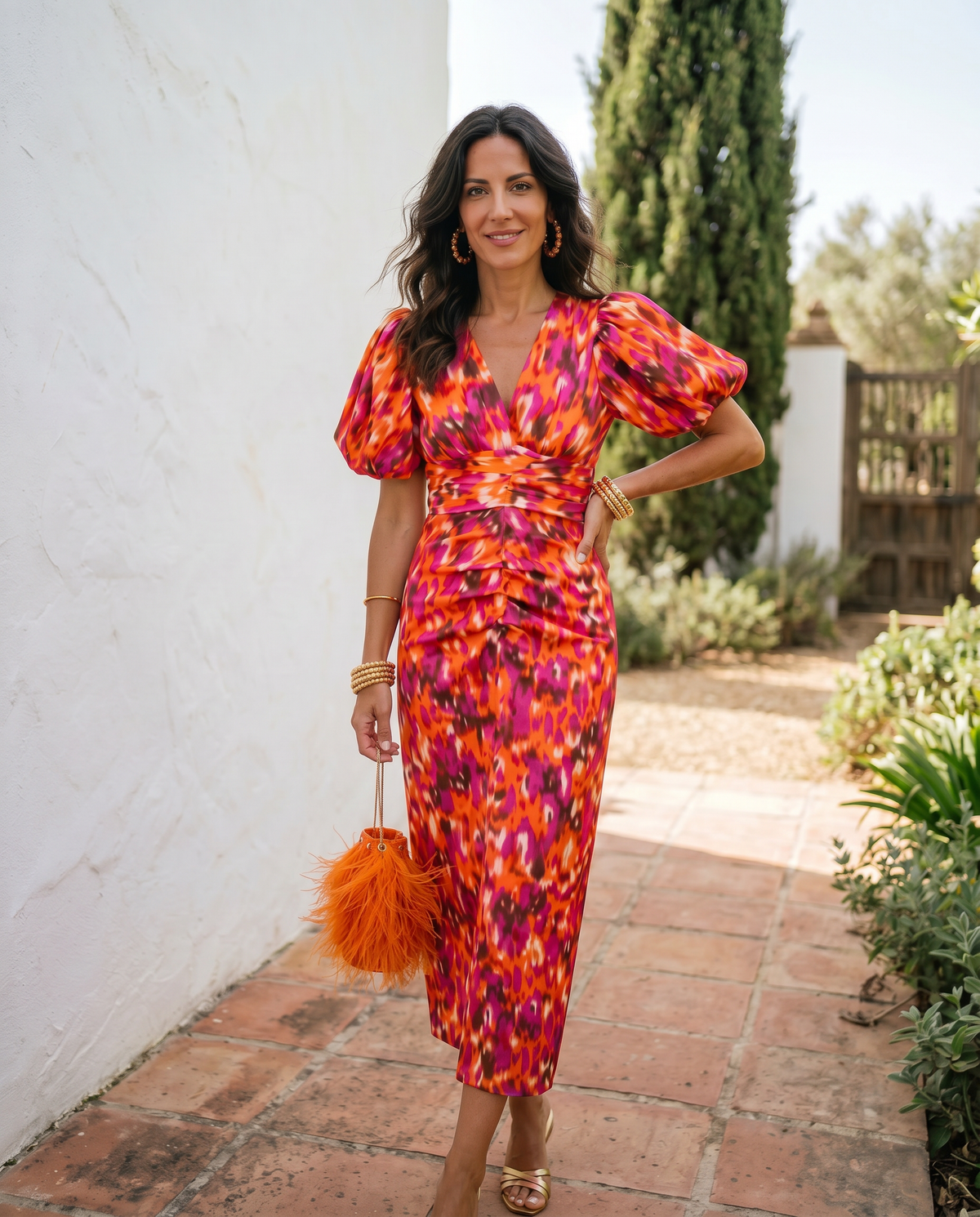 Carla | Vestido midi floral, mangas abullonadas