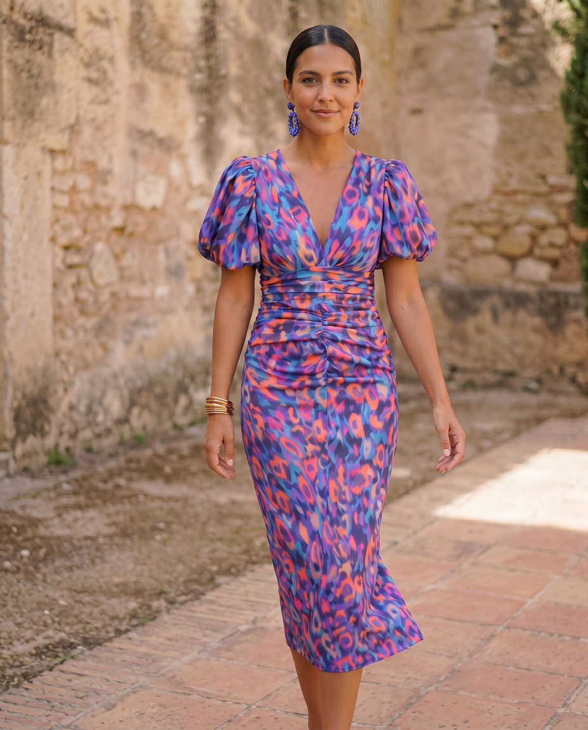 Carla | Vestido midi floral, mangas abullonadas