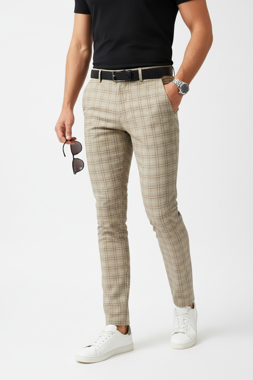 Pantalón cuadros beige con modelo