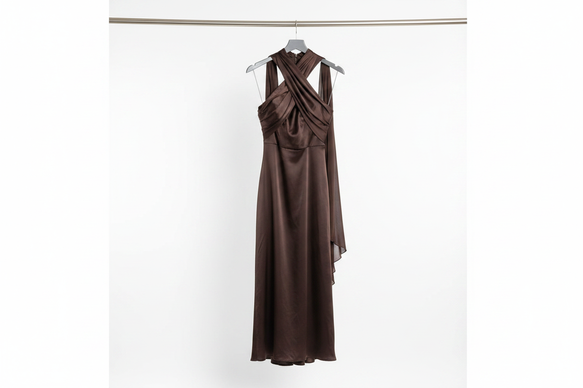 Vestido marrón colgado de una barra