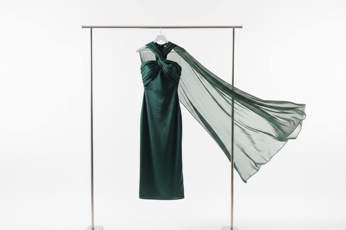 Vestido verde esmeralda en barra estilo producto
